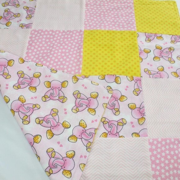 COPY - Homemade pink baby elephant zig zag strars yellow dots receiving blanket. - Picture 3 of 5